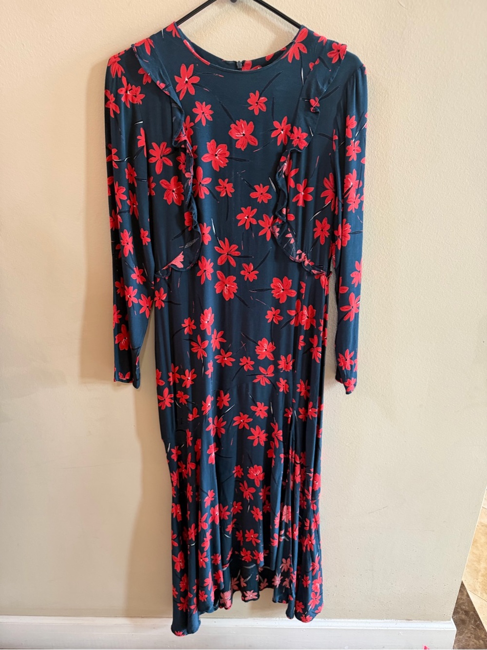 H&M Navy Long-Sleeve Midi Dress with Red Floral Print